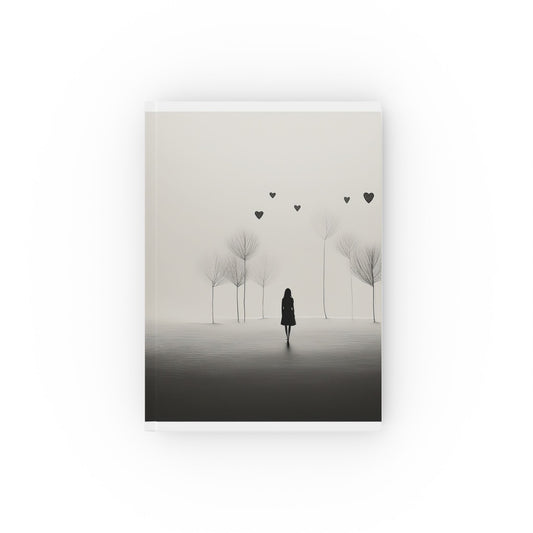 A5 hardcover journal with greyscale cover and delicate woman, hearts and trees illustration