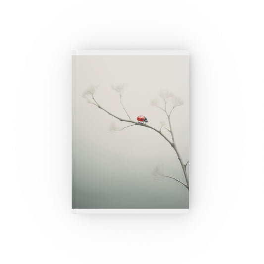 A5 hardcover journal with greyscale cover and red ladybird on a tree branch illustration