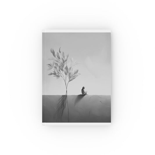 A5 hardcover journal with greyscale cover with small figure sitting under tree illustration