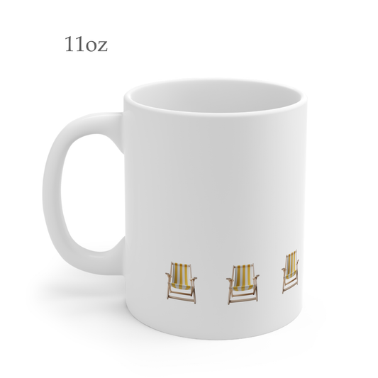 Left side view of white ceramic yellow beach chair mug, 11oz size, showing handle.