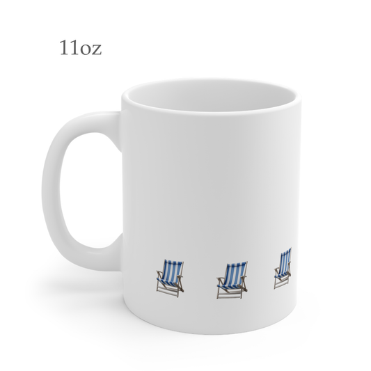 Left side view of white ceramic blue beach chair mug, 11oz size, showing handle.