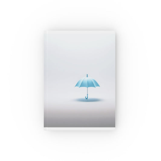 A5 hardcover journal with minimalist greyscale cover and blue umbrella illustration