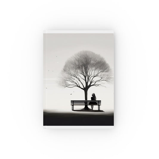 A5 hardcover journal with greyscale cover with woman sitting on bench looking at tree illustration