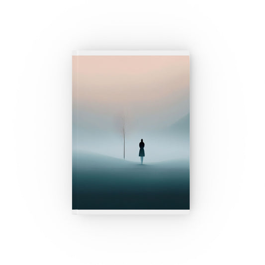 A5 hardcover journal with pink, blue and black cover and woman looking at tree minimalist foggy illustration