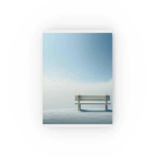 A5 hardcover journal with blue and white cover and bench and sky illustration