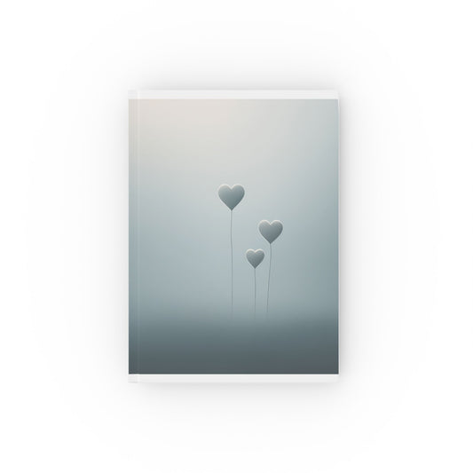 A5 hardcover journal with minimalist blue greyscale cover and floating hearts illustration