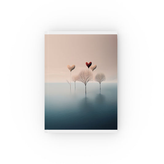 A5 hardcover journal with pink blue and red cover and delicate hearts and trees illustration