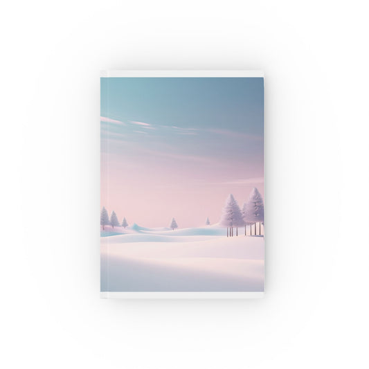 A5 hardcover journal with pink blue and white cover and winter trees illustration