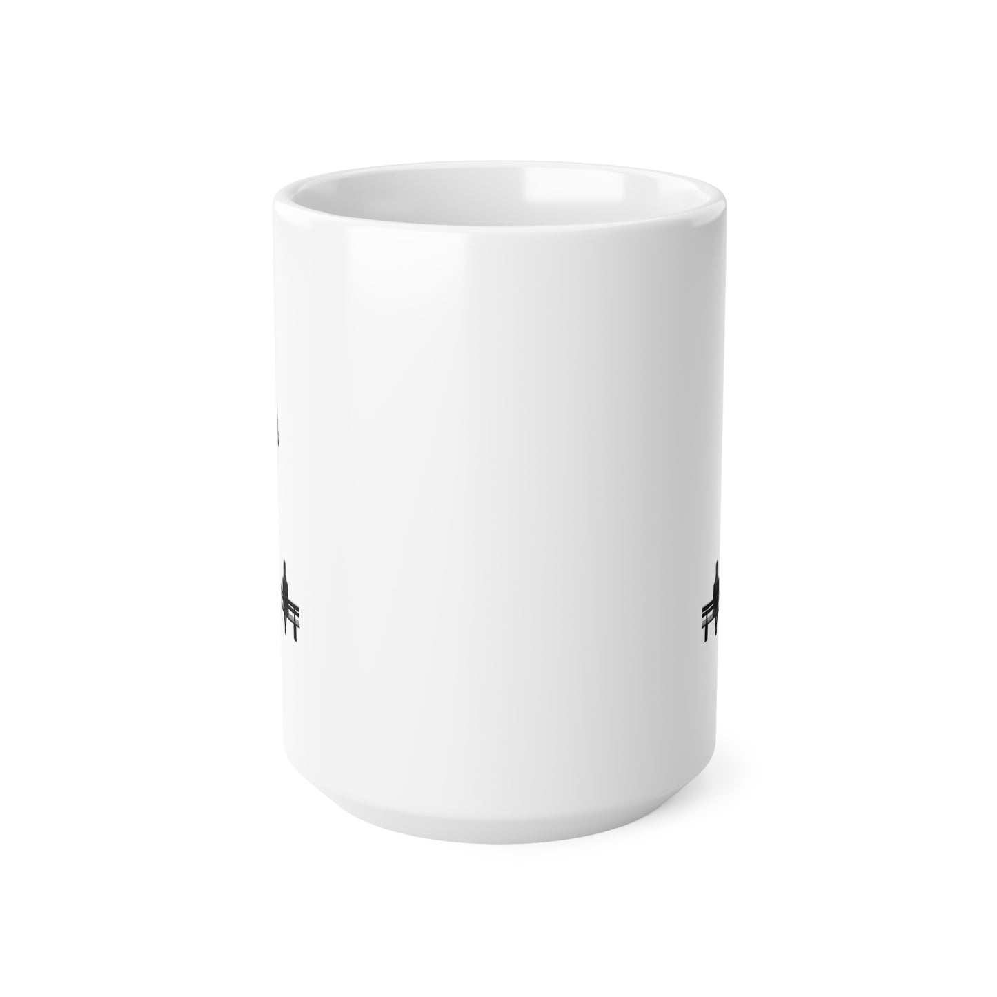 Front view of white ceramic mug with black line art woman on bench illustration, 15oz size
