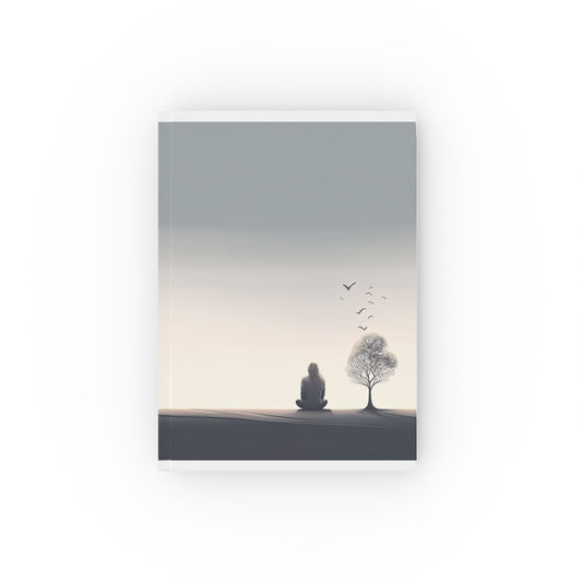 A5 hardcover journal with greyscale cover with woman sitting on ground looking at tree and birds in distance illustration