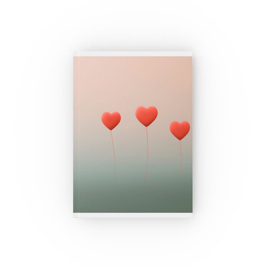 A5 hardcover journal with red and green cover and three floating hearts illustration