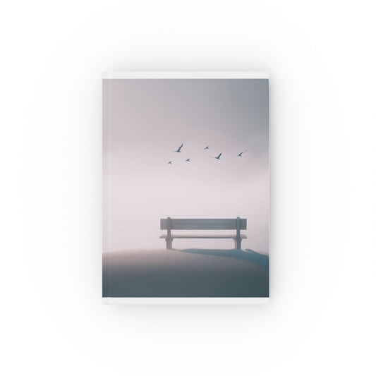 A5 hardcover journal with greyscale cover and bench on hill landscape illustration