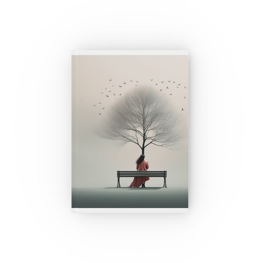 A5 hardcover journal with pale pink grey cover with woman in red coat sitting on bench looking at tree with birds illustration