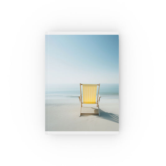 A5 hardcover journal with blue and white cover, and yellow beach chair facing sea, coastal illustration
