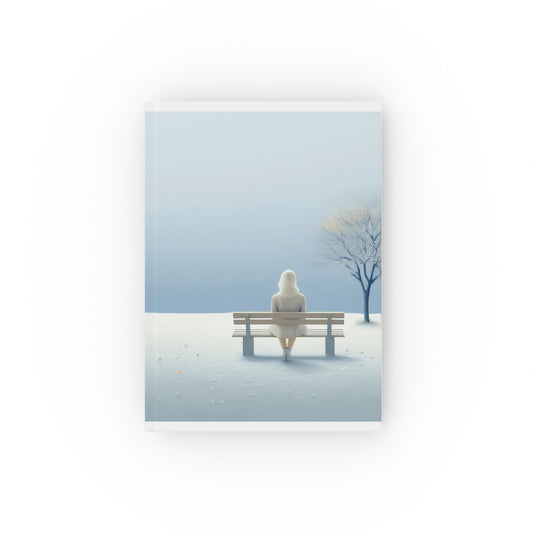 A5 hardcover journal with blue and white cover and woman on bench with tree illustration