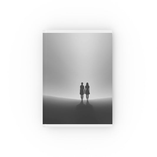 A5 hardcover journal with black and white cover and two woman holding hands, walking together into distance illustration