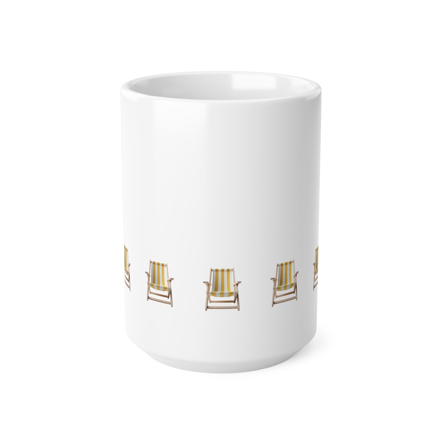 Front view of white ceramic mug with yellow beach chair design, 15oz size