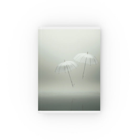A5 hardcover journal with greyscale cover and two white floating umbrellas illustration