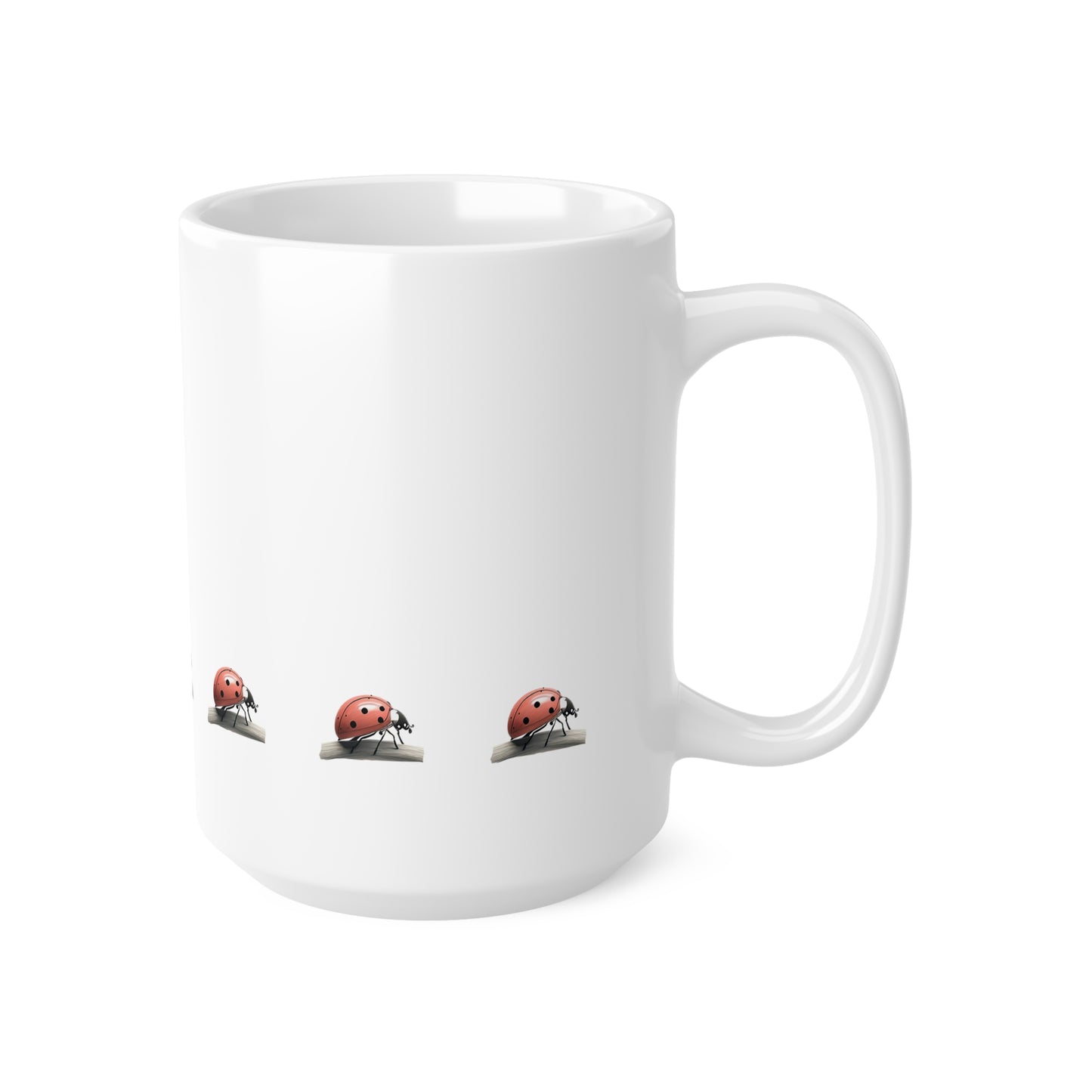 Right side view of white ceramic ladybird mug, 15oz size, showing handle