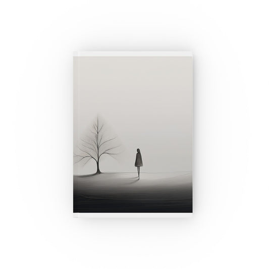 A5 hardcover journal with greyscale cover with woman looking at tree minimalist illustration