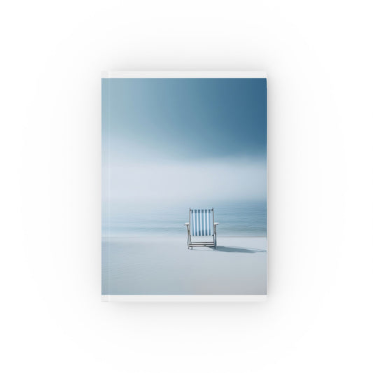 A5 hardcover journal with blue and white cover, and blue beach chair facing sea, coastal illustration