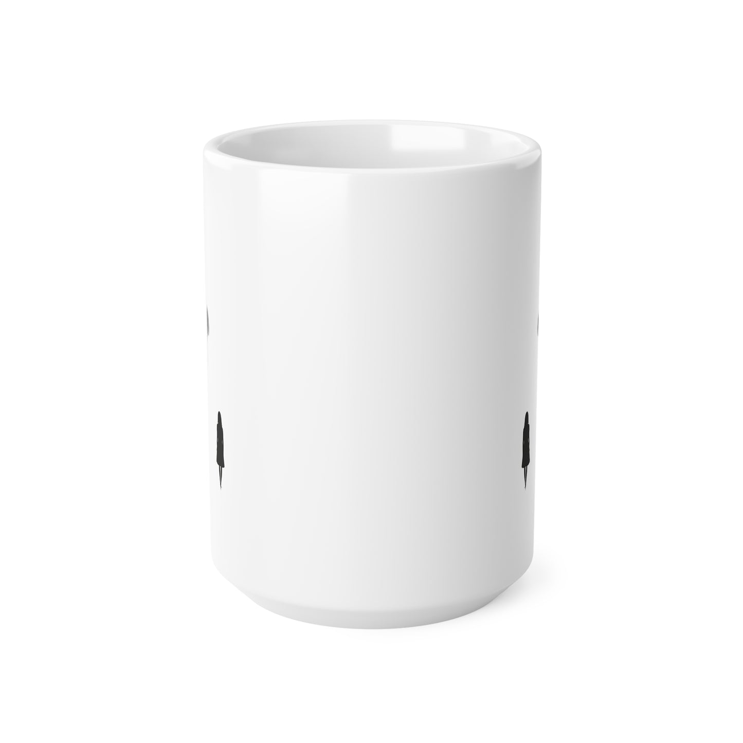 Front view of white ceramic mug with black line art woman and tree illustration, 15oz size