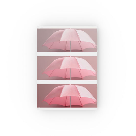 A5 hardcover journal with pink and white cover and repeated umbrella illustration