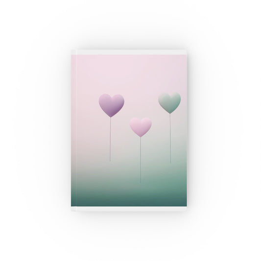 A5 hardcover journal with minimalist pastel pink purple and green cover and three floating hearts illustration