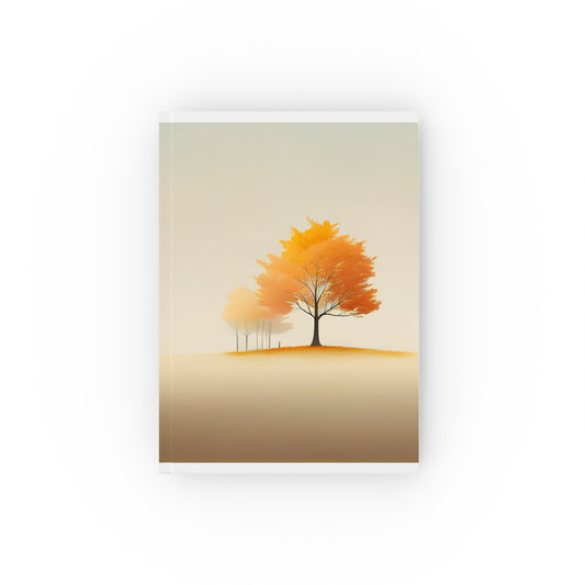 A5 hardcover journal with orange brown cover and autumnal trees illustration
