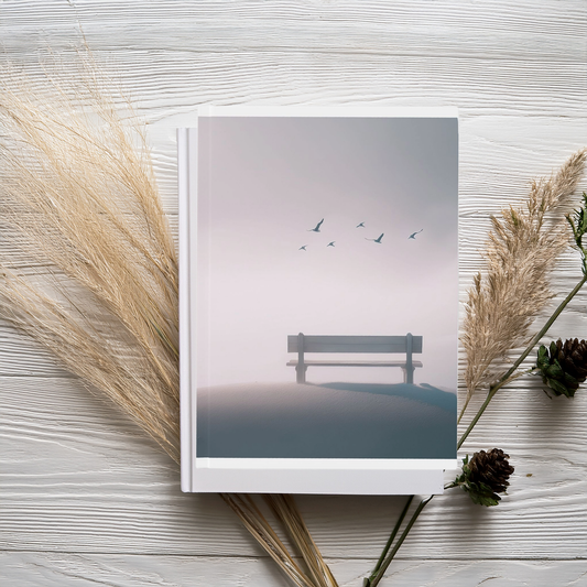 Serene Hillside A5 Journal – Minimalist Bench & Birds Hardcover Notebook