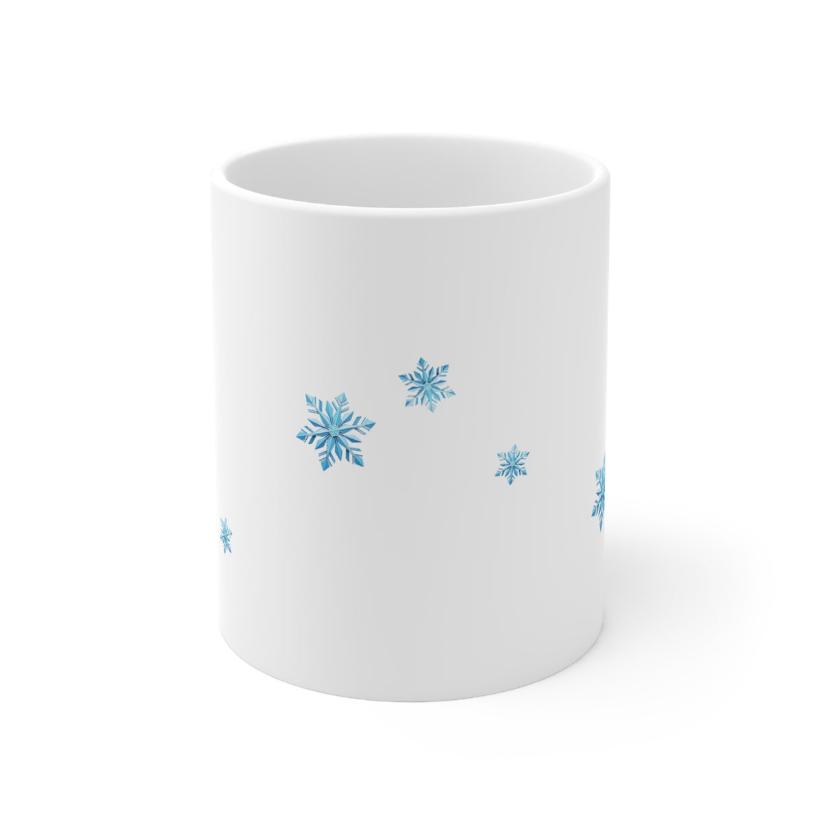 Front view of white ceramic mug decorated with light blue snowflake patterns, shown on a clean white background.