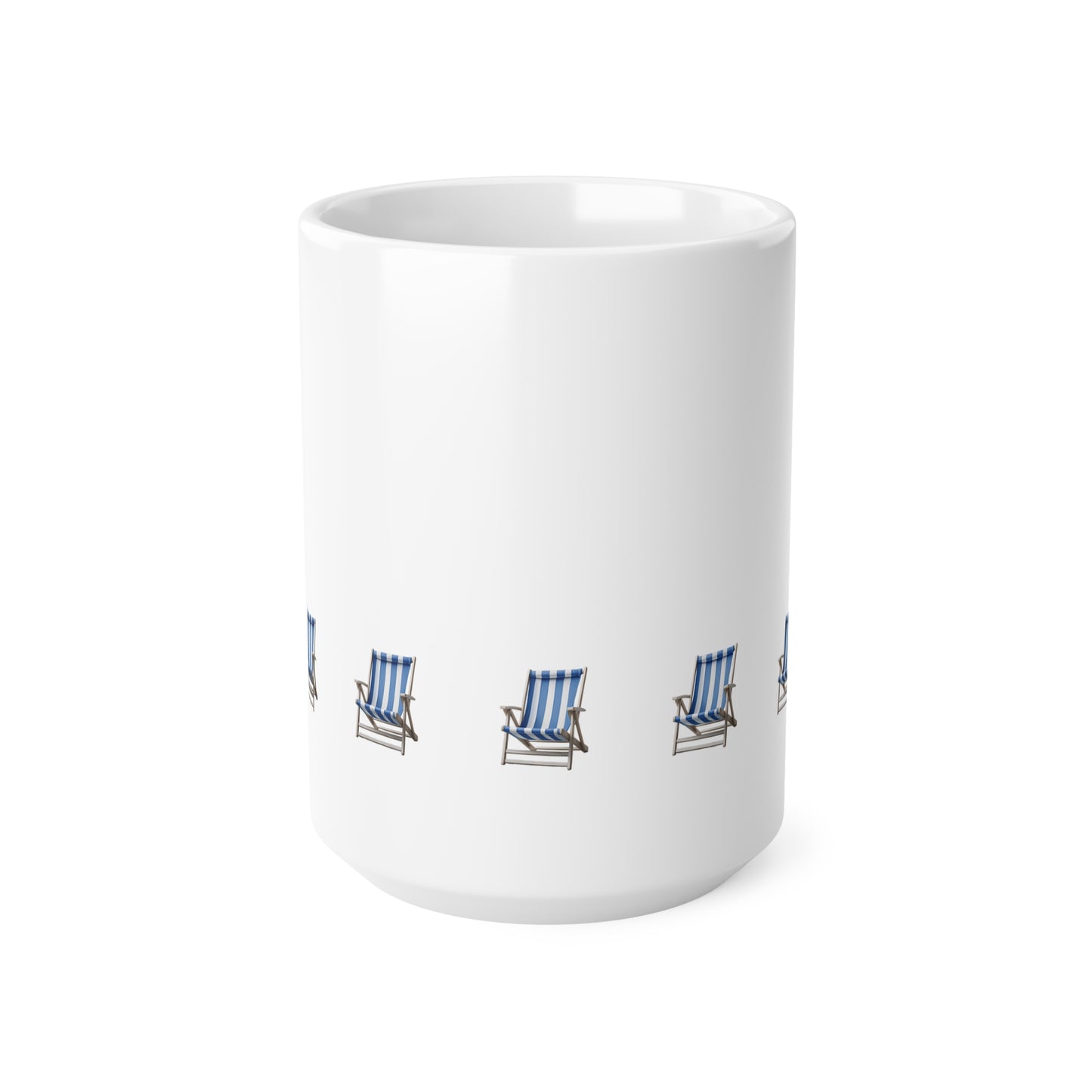 Front view of white ceramic mug with blue beach chair design, 15oz size