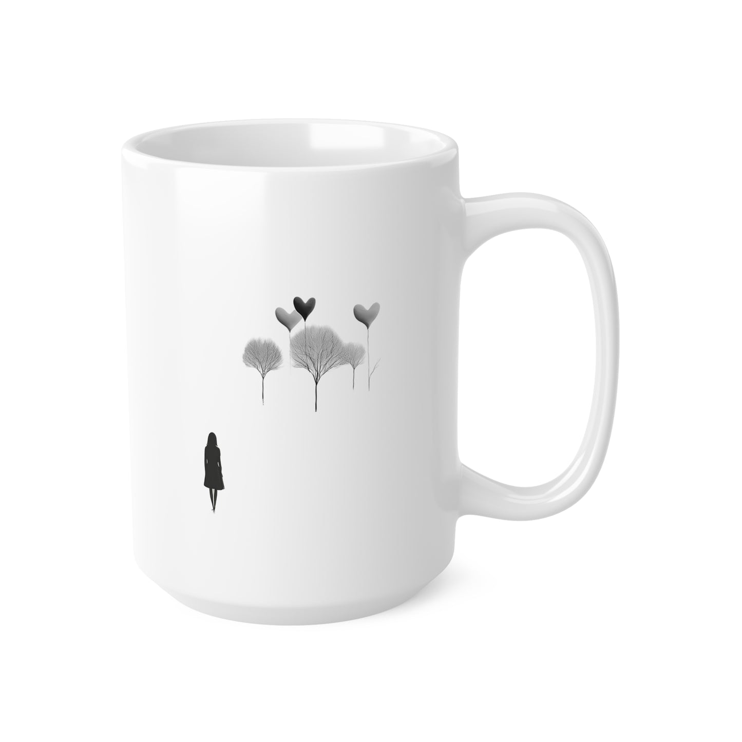 Right side view of black and white ceramic line art mug, 15oz size, showing handle