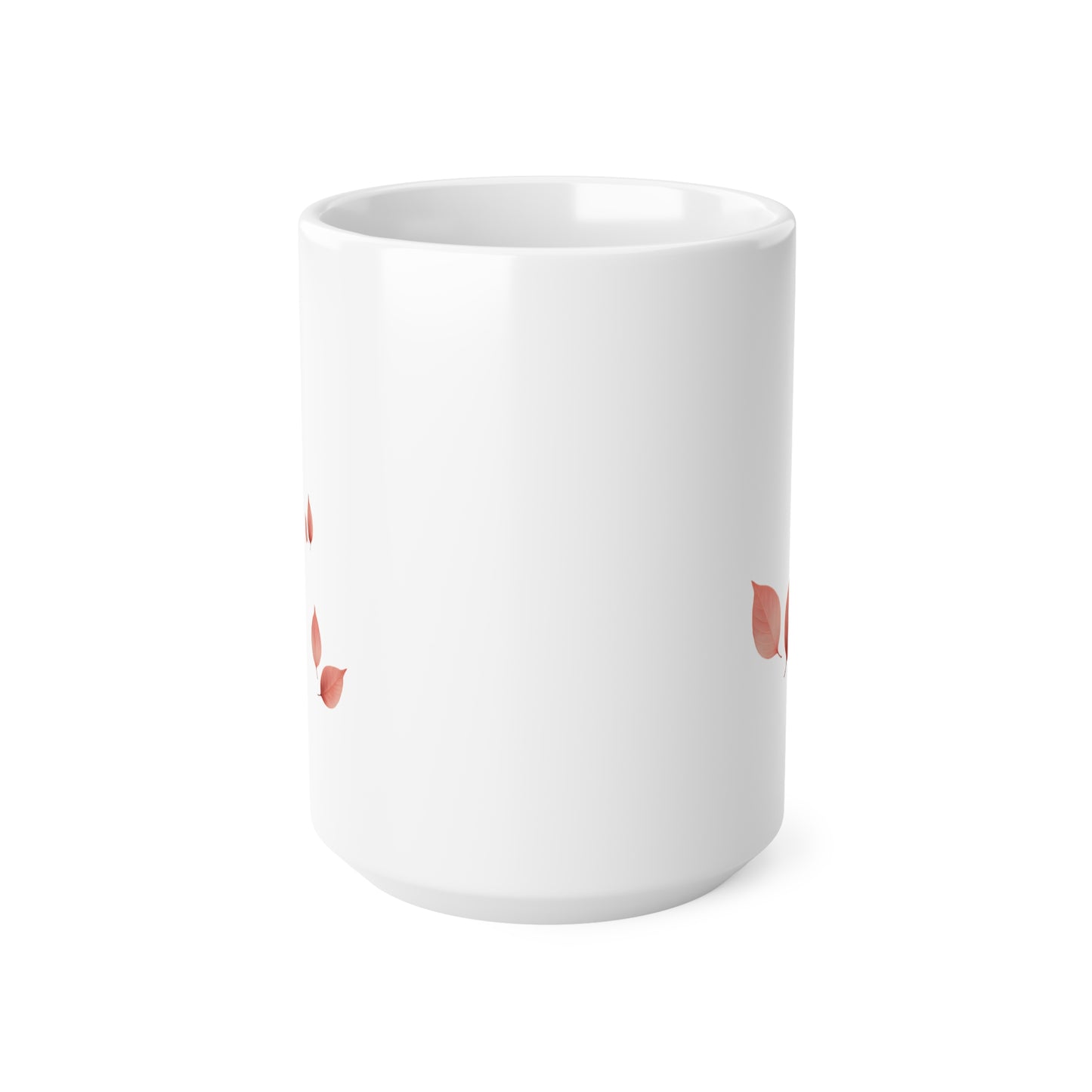 Front view of white ceramic mug with red and brown autumn leaf clusters, 15oz size