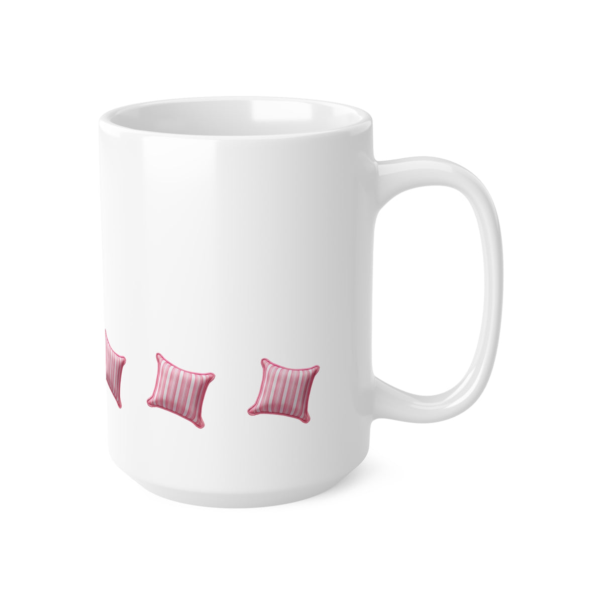 Right side view of pink and white striped cushion mug, 15oz size, showing handle