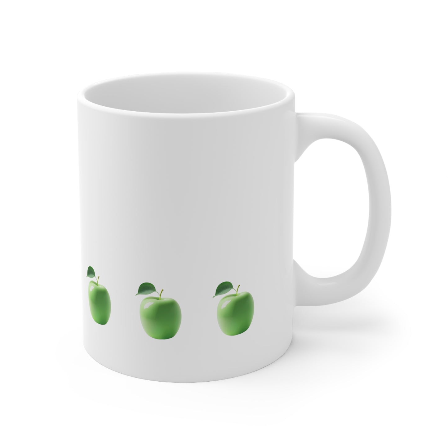 Right side view of white ceramic apple mug, 11oz size, showing handle