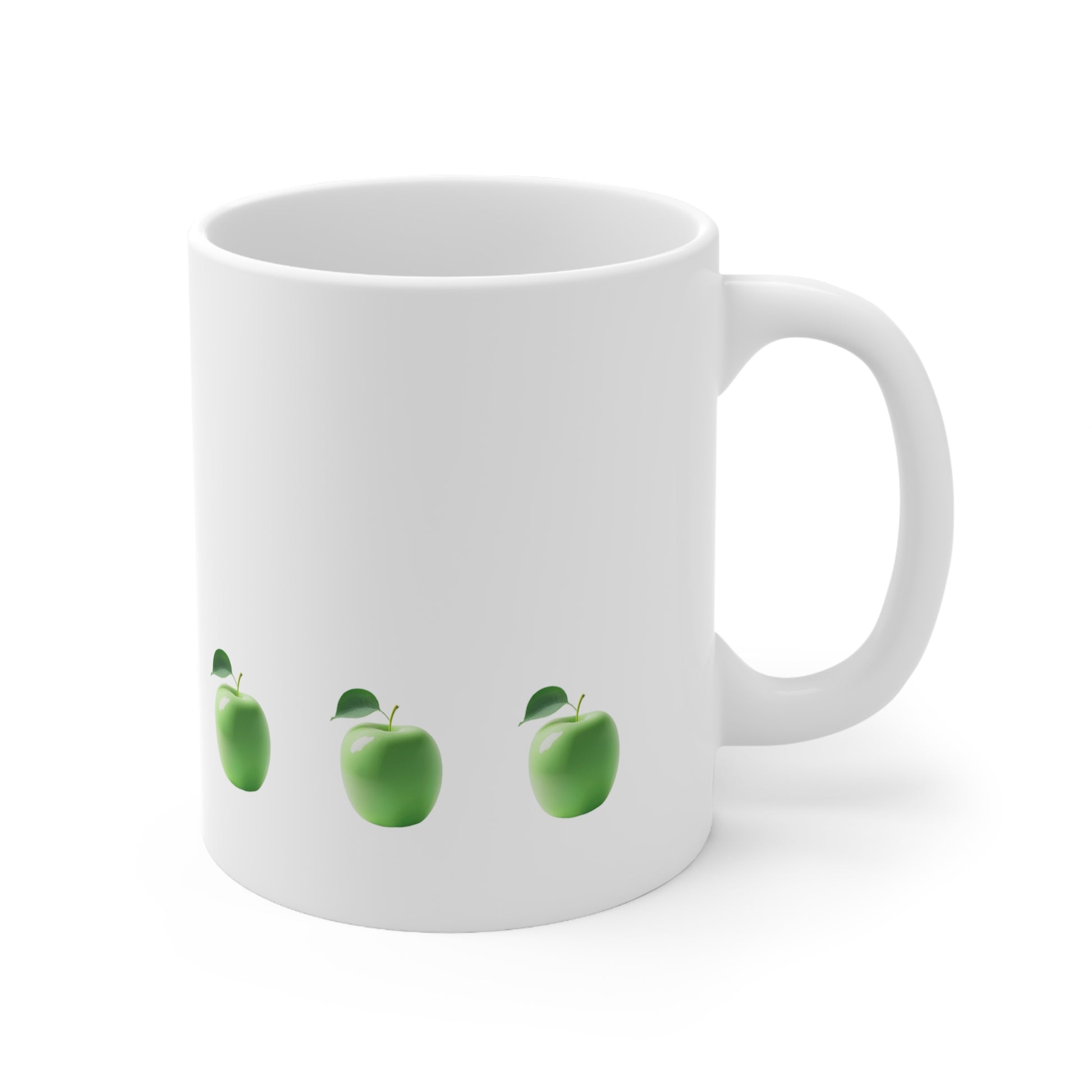 Right side view of white ceramic apple mug, 11oz size, showing handle