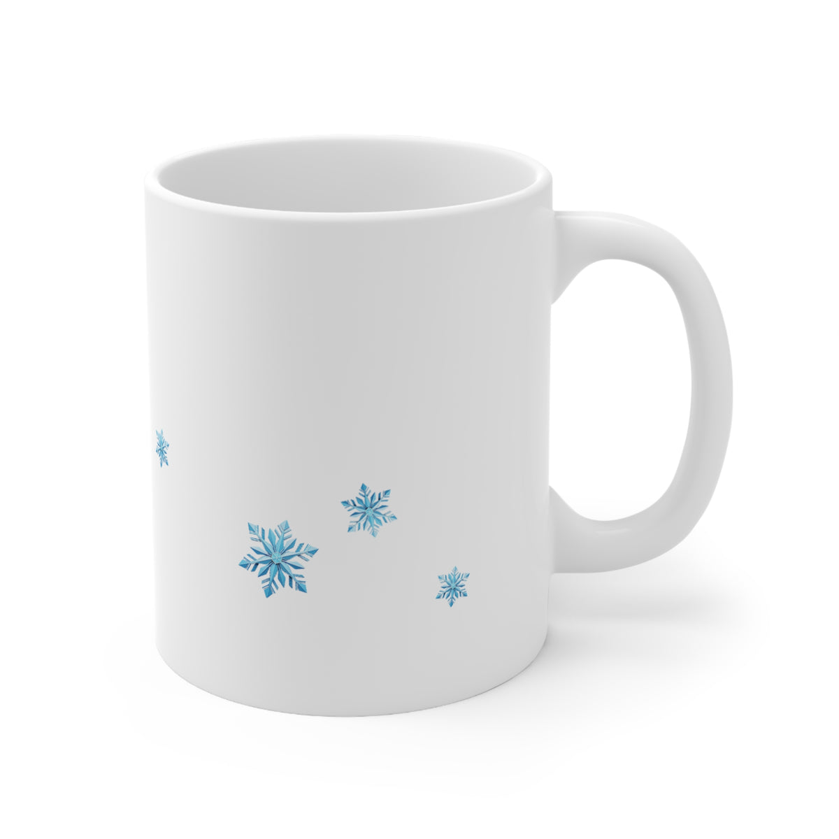 Right side view of white ceramic mug with a handle, decorated with several light blue snowflakes on the side, shown against a plain white background.