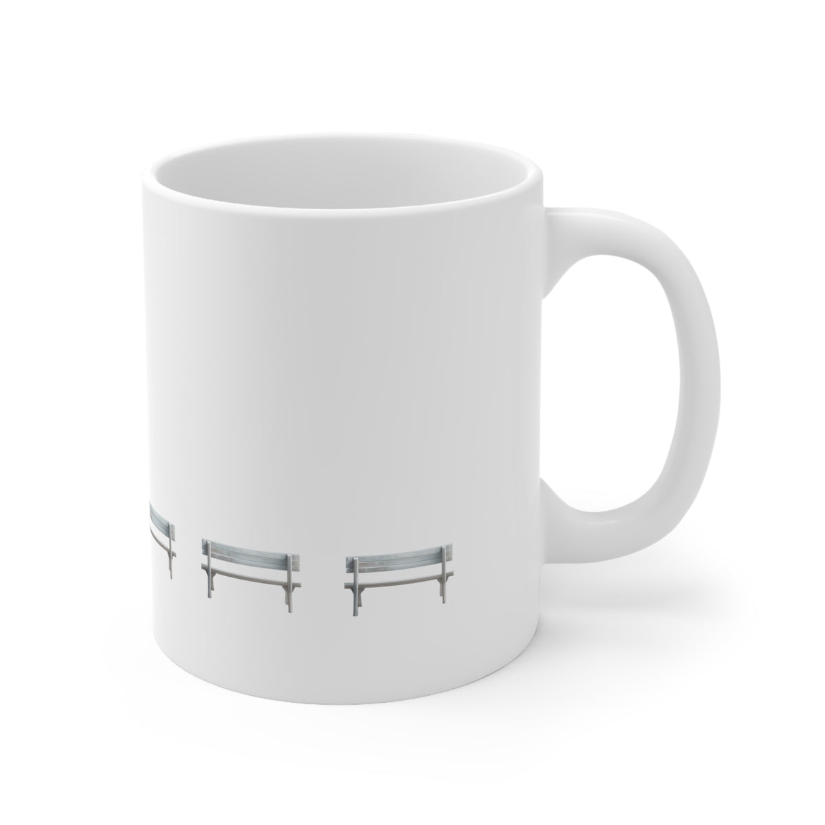 Right side view of white ceramic wooden bench mug, 11oz size, showing handle