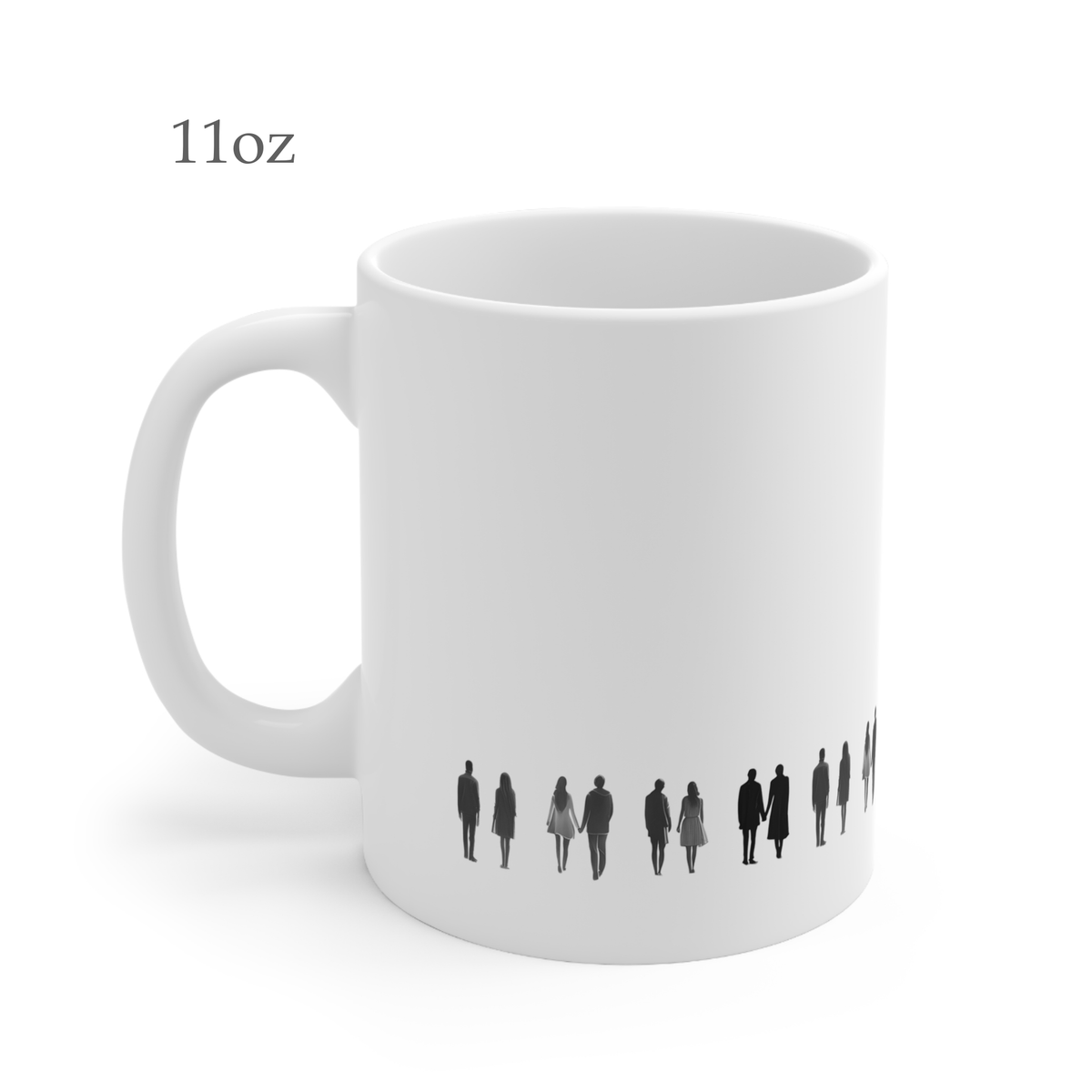 Left side view of white ceramic line art mug, 11oz size, showing handle
