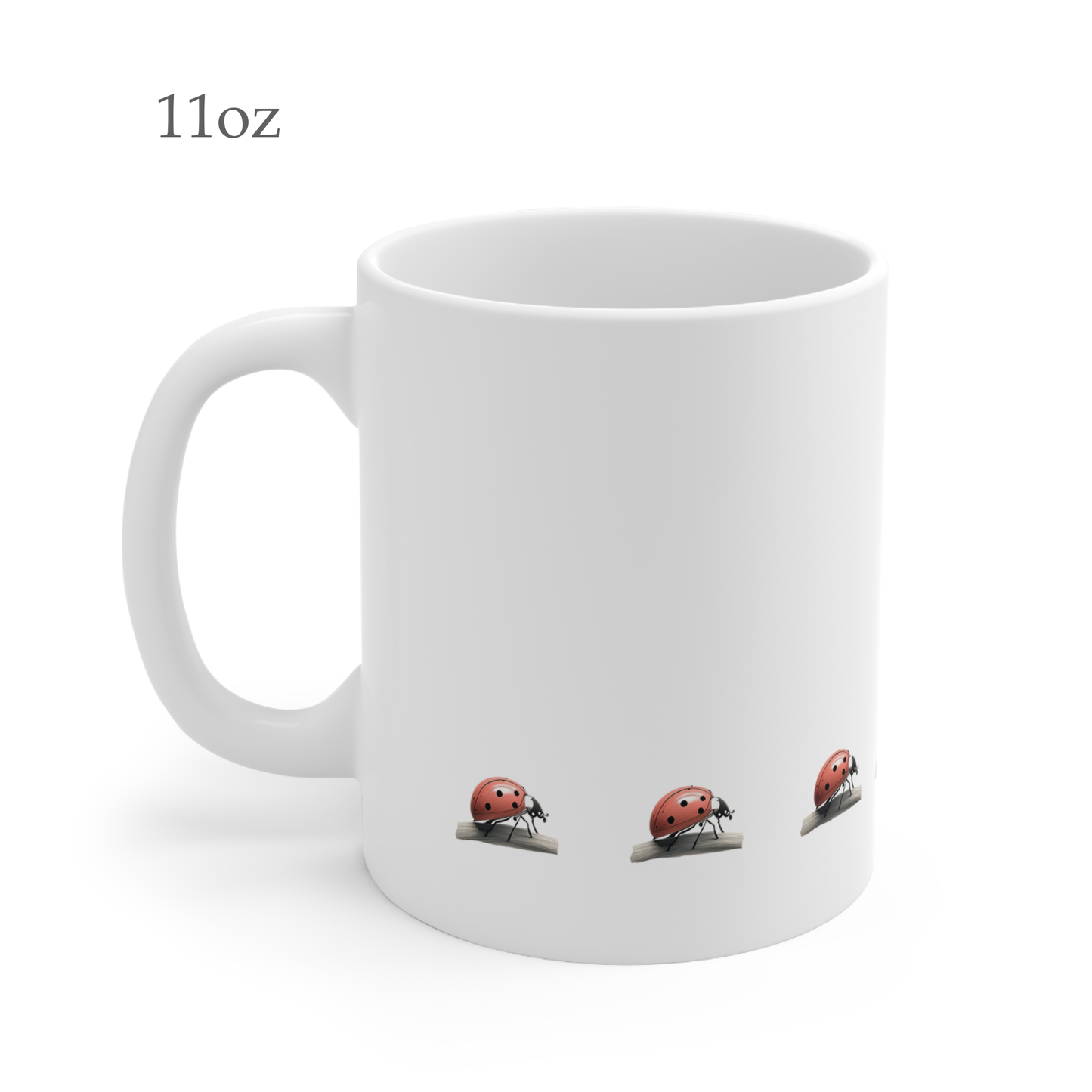 Left side view of white ceramic ladybird mug, 11oz size, showing handle
