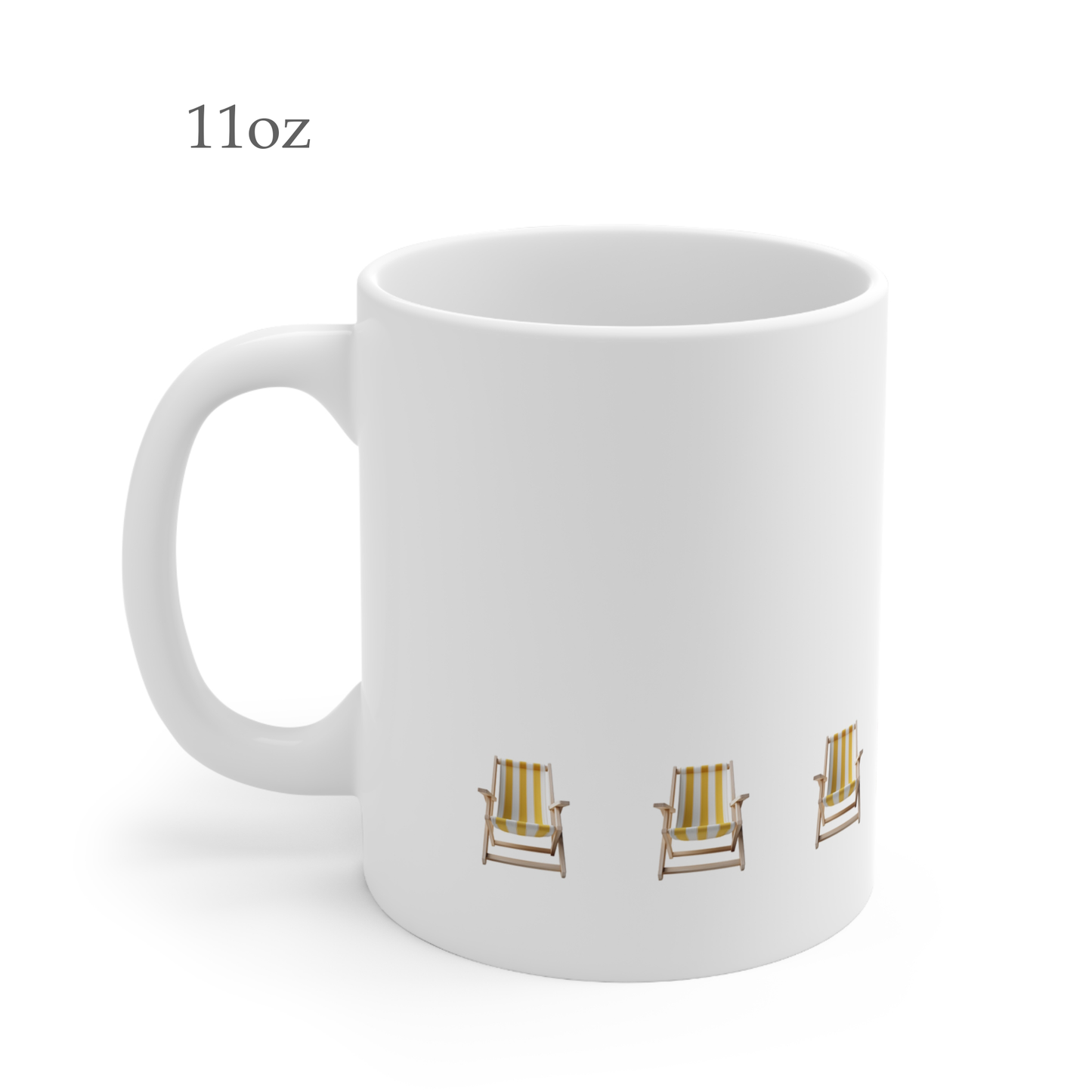 Left side view of white ceramic yellow beach chair mug, 11oz size, showing handle.