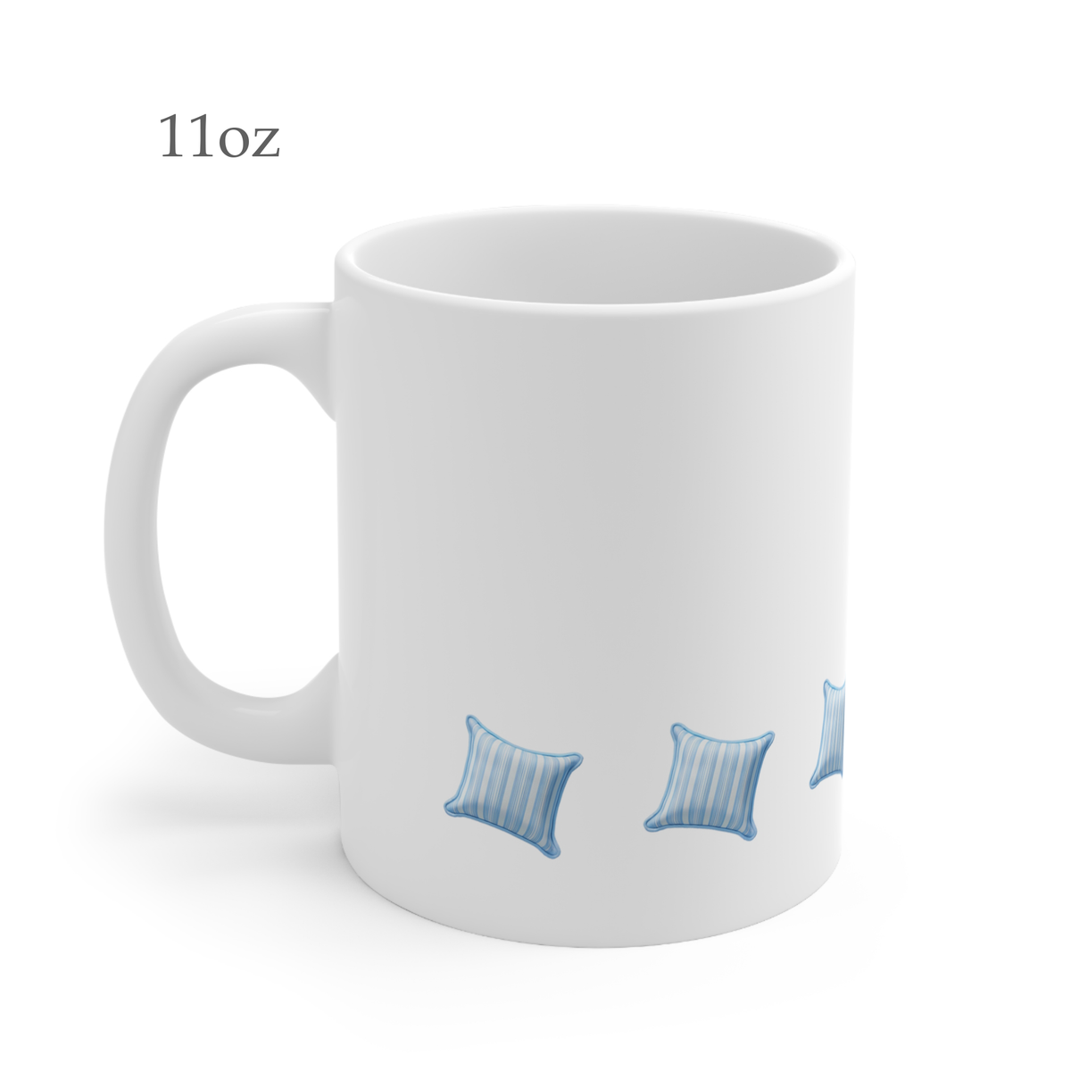 Left side view of blue and white striped throw pillow cushion mug, 11oz size, showing handle