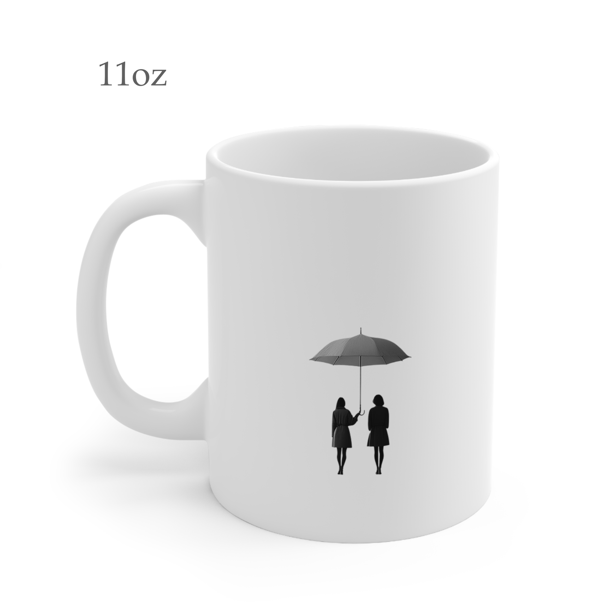 Left side view of black and white ceramic line art mug, 11oz size, showing handle.