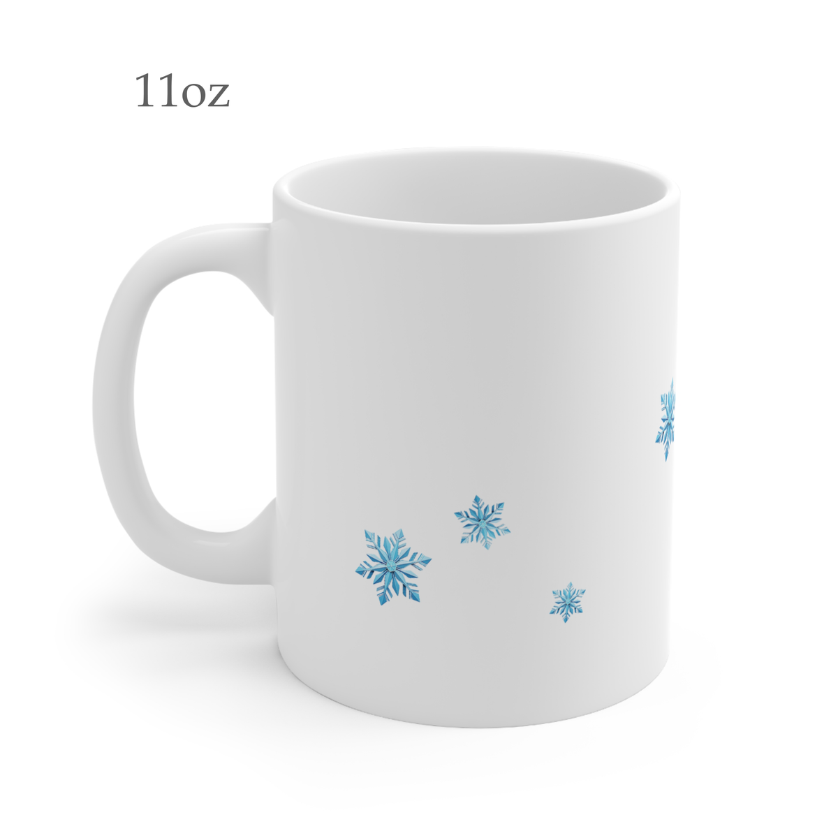Left side view of a white ceramic 11oz mug with a handle, decorated with light blue snowflakes, shown on a white background with '11oz' text in the upper left.