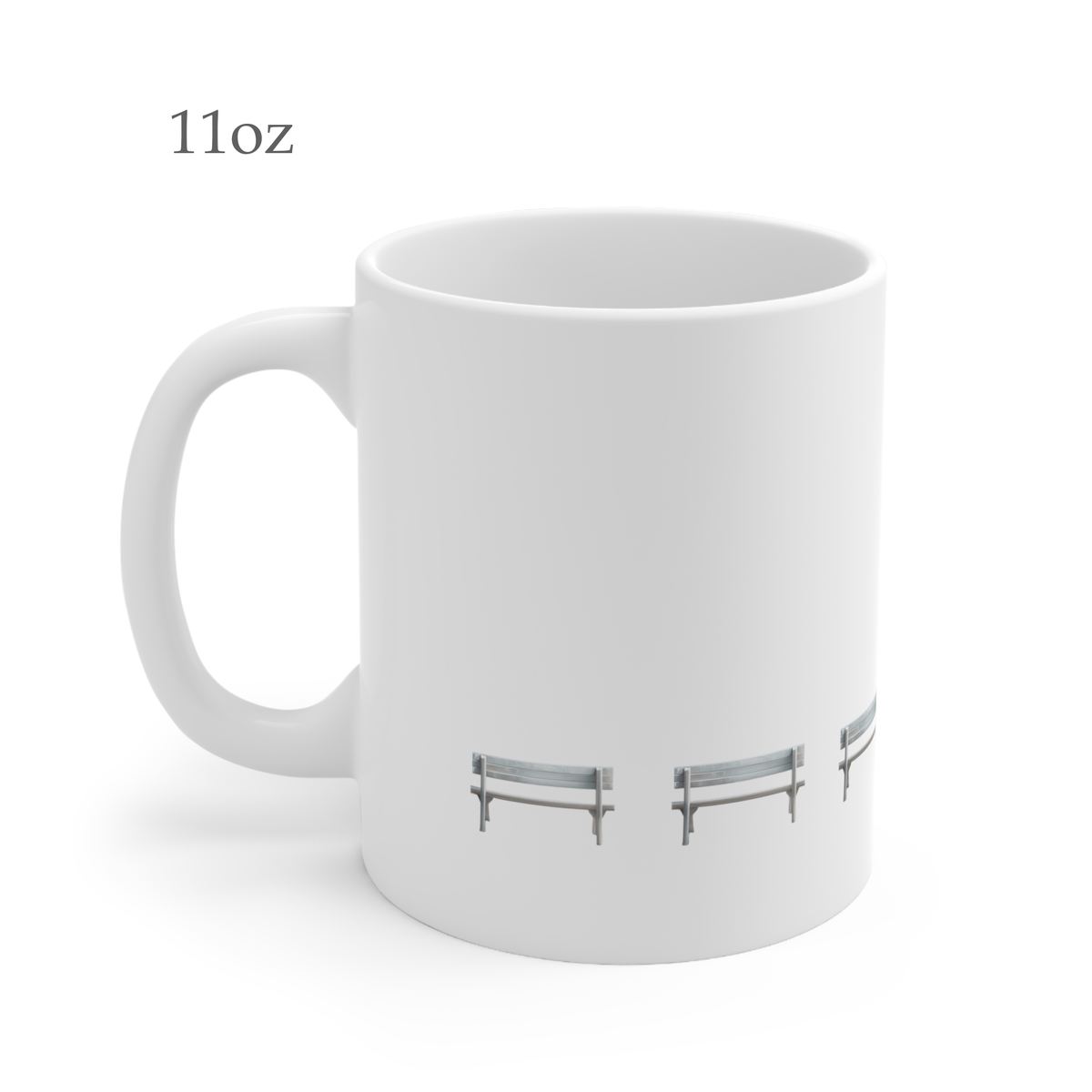 Left side view of white ceramic wooden bench mug, 11oz size, showing handle