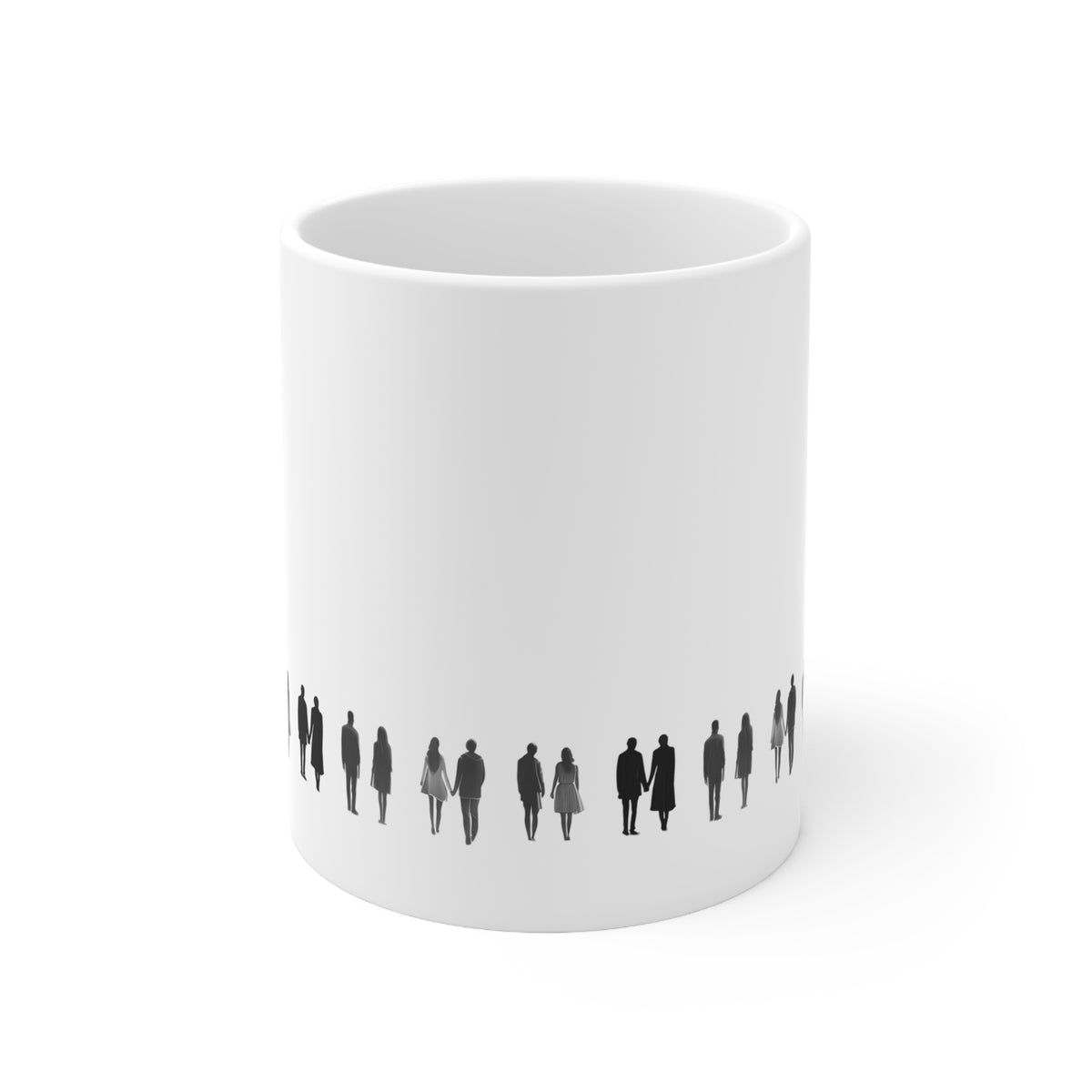 Front view of white ceramic mug with black line art people holding hands illustration, 11oz size