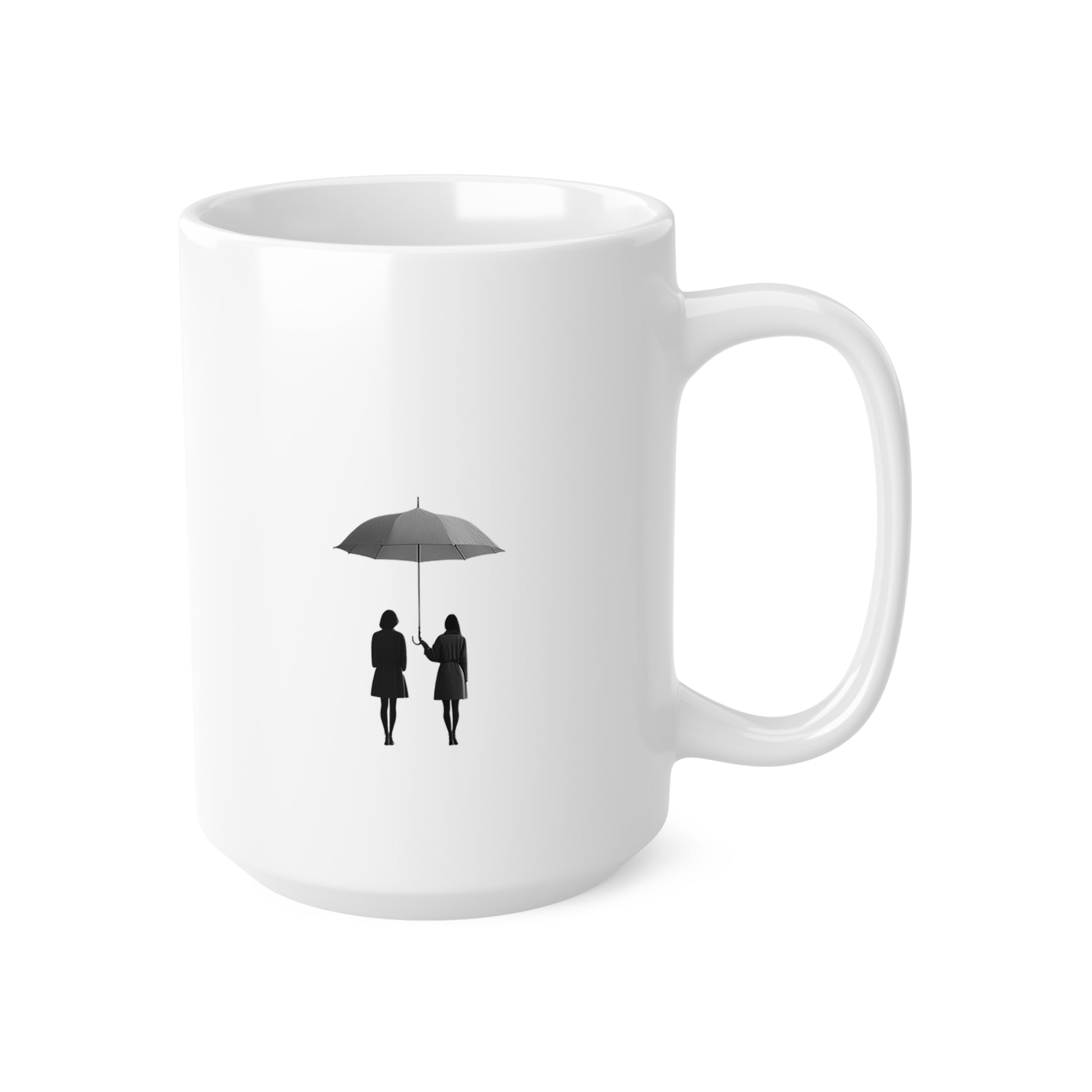 Right side view of black and white ceramic line art mug, 15oz size, showing handle