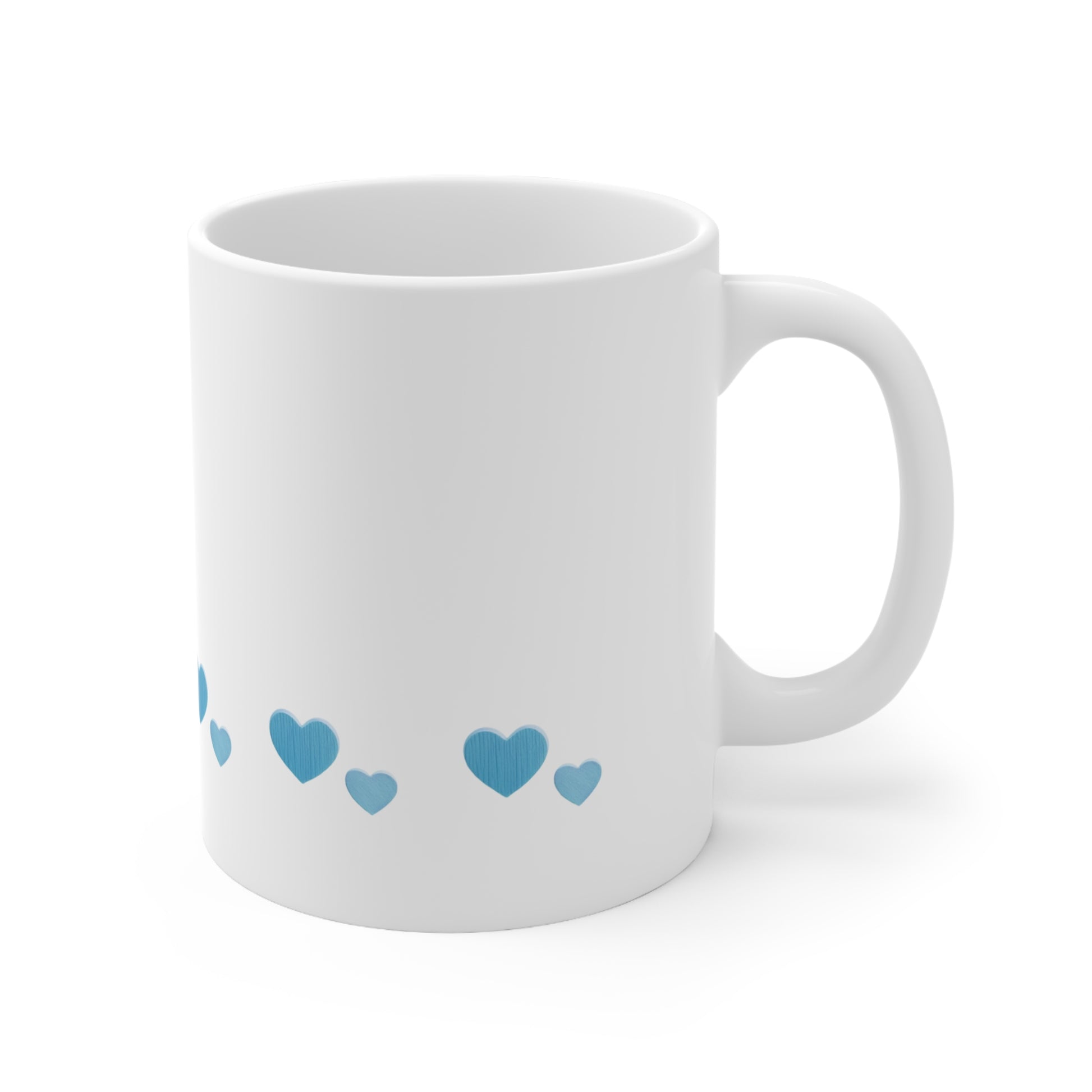Right side view of white ceramic blue heart mug, 11oz size, showing handle