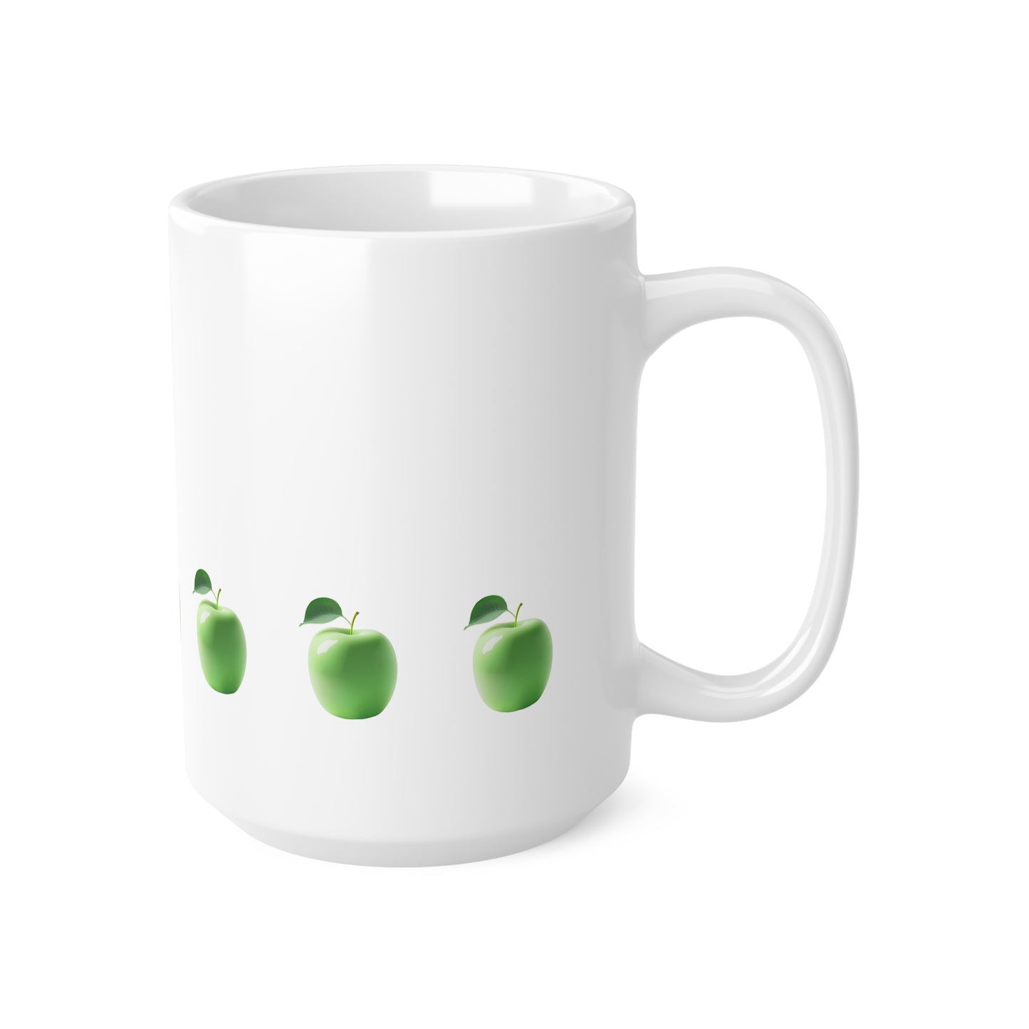 Right side view of white ceramic apple mug, 15oz size, showing handle 